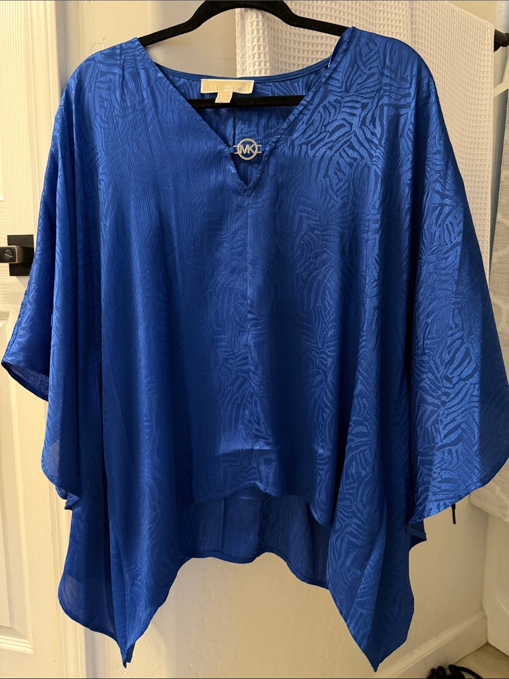 Michael Kors Cobalt Blue Satin Poncho Top with Logo Ring